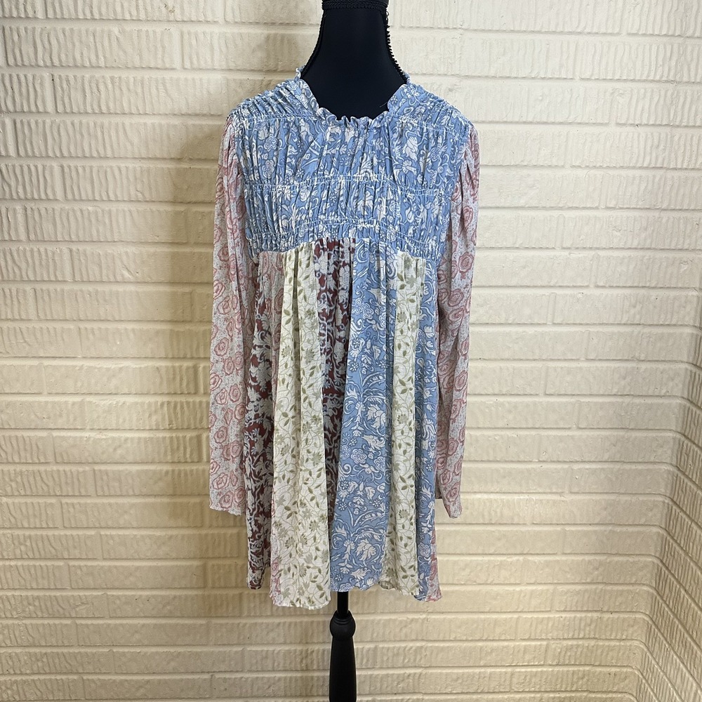 Free People Multicolor Floral Smocked Ruffle Mini Dress Long Sleeve Sz S Boho
